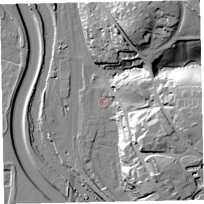 Shaded relief map of the ground around EX44GT, computed from Environment Agency LiDAR. The ground here sits at about 12 m above sea level and falls 53 m across the surrounding 800 m. Surface water reaching this point runs off ground lying to the north-west, 0.6 m higher.
