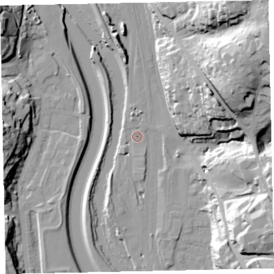Shaded relief map of the ground around EX44GY, computed from Environment Agency LiDAR. The ground here sits at about 12 m above sea level and falls 52 m across the surrounding 800 m. Surface water reaching this point runs off ground lying to the north-north-west, 2.3 m higher.