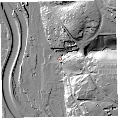Shaded relief map of the ground around EX44HW, computed from Environment Agency LiDAR. The ground here sits at about 14 m above sea level and falls 63 m across the surrounding 800 m. Surface water reaching this point runs off ground lying to the north-north-east, 45.1 m higher.