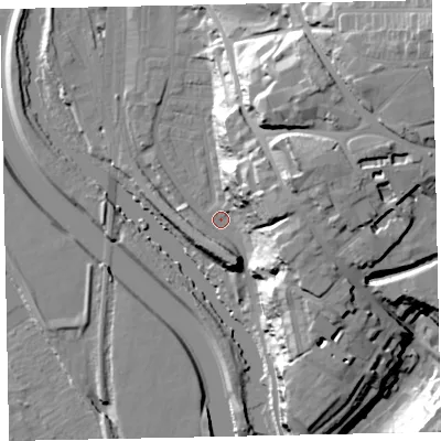 Shaded relief map of the ground around EX44JD, computed from Environment Agency LiDAR. The ground here sits at about 11 m above sea level and falls 44 m across the surrounding 800 m. Surface water reaching this point runs off ground lying to the north-east, 32.3 m higher.
