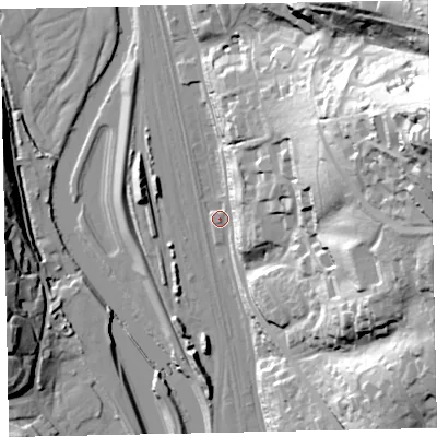 Shaded relief map of the ground around EX44NA, computed from Environment Agency LiDAR. The ground here sits at about 14 m above sea level and falls 83 m across the surrounding 800 m. Surface water reaching this point runs off ground lying to the east-north-east, 76.9 m higher.