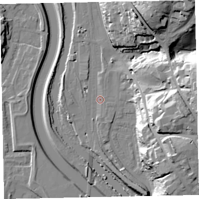 Shaded relief map of the ground around EX44NT, computed from Environment Agency LiDAR. The ground here sits at about 12 m above sea level and falls 43 m across the surrounding 800 m. Surface water reaching this point runs off ground lying to the north-east, 2.8 m higher.