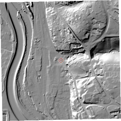 Shaded relief map of the ground around EX44NU, computed from Environment Agency LiDAR. The ground here sits at about 13 m above sea level and falls 60 m across the surrounding 800 m. Surface water reaching this point runs off ground lying to the north-east, 45.6 m higher.