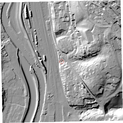 Shaded relief map of the ground around EX44NX, computed from Environment Agency LiDAR. The ground here sits at about 15 m above sea level and falls 92 m across the surrounding 800 m. Surface water reaching this point runs off ground lying to the east-north-east, 61.3 m higher.