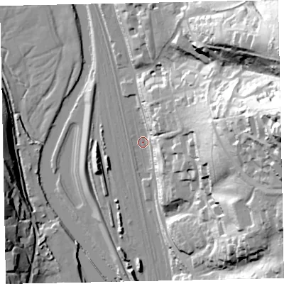 Shaded relief map of the ground around EX44NY, computed from Environment Agency LiDAR. The ground here sits at about 13 m above sea level and falls 79 m across the surrounding 800 m. Surface water reaching this point runs off ground lying to the east, 74.9 m higher.