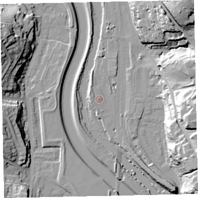 Shaded relief map of the ground around EX44PA, computed from Environment Agency LiDAR. The ground here sits at about 12 m above sea level and falls 40 m across the surrounding 800 m. Surface water reaching this point runs off ground lying to the east-north-east, 2.8 m higher.