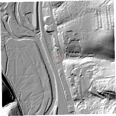 Shaded relief map of the ground around EX45AD, computed from Environment Agency LiDAR. The ground here sits at about 15 m above sea level and falls 64 m across the surrounding 800 m. Surface water reaching this point runs off ground lying to the east-north-east, 58.0 m higher.