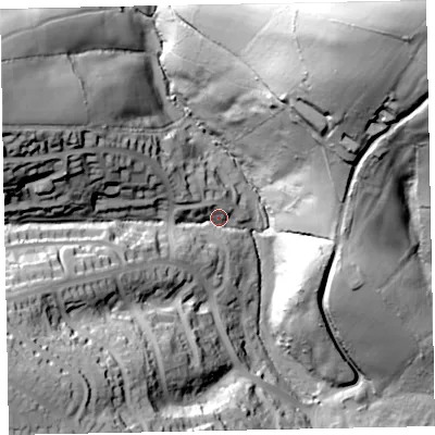 Shaded relief map of the ground around EX45AZ, computed from Environment Agency LiDAR. The ground here sits at about 77 m above sea level and falls 95 m across the surrounding 800 m. Surface water reaching this point runs off ground lying to the west-north-west, 51.6 m higher.