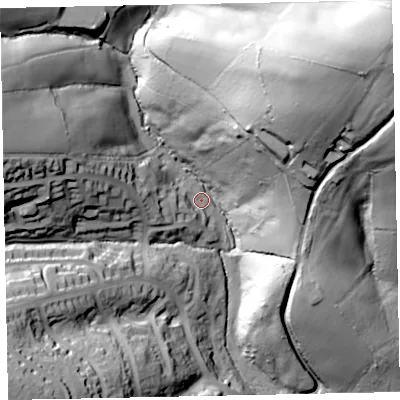 Shaded relief map of the ground around EX45BB, computed from Environment Agency LiDAR. The ground here sits at about 76 m above sea level and falls 94 m across the surrounding 800 m. Surface water reaching this point runs off ground lying to the north-east, 85.1 m higher.