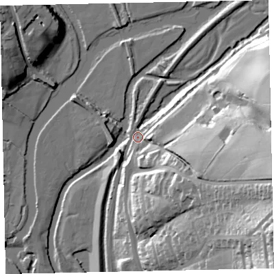 Shaded relief map of the ground around EX45BX, computed from Environment Agency LiDAR. The ground here sits at about 16 m above sea level and falls 58 m across the surrounding 800 m. Surface water reaching this point runs off ground lying to the east-south-east, 51.5 m higher.