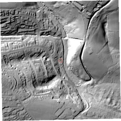 Shaded relief map of the ground around EX45EG, computed from Environment Agency LiDAR. The ground here sits at about 70 m above sea level and falls 81 m across the surrounding 800 m. Surface water reaching this point runs off ground lying to the west-south-west, 58.7 m higher.
