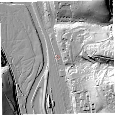 Shaded relief map of the ground around EX45FJ, computed from Environment Agency LiDAR. The ground here sits at about 15 m above sea level and falls 65 m across the surrounding 800 m. Surface water reaching this point runs off ground lying to the east, 56.6 m higher.