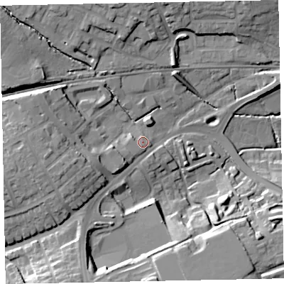 Shaded relief map of the ground around EX48HN, computed from Environment Agency LiDAR. The ground here sits at about 38 m above sea level and falls 24 m across the surrounding 800 m. Surface water reaching this point runs off ground lying to the west, 1.9 m higher.
