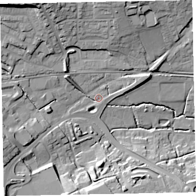 Shaded relief map of the ground around EX48HQ, computed from Environment Agency LiDAR. The ground here sits at about 34 m above sea level and falls 34 m across the surrounding 800 m. Surface water reaching this point runs off ground lying to the north-west, 26.8 m higher.