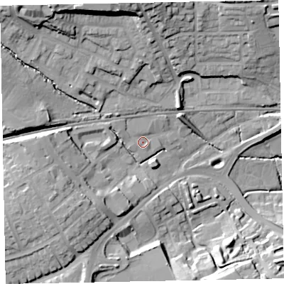 Shaded relief map of the ground around EX48JN, computed from Environment Agency LiDAR. The ground here sits at about 37 m above sea level and falls 31 m across the surrounding 800 m. Surface water reaching this point runs off ground lying to the north-west, 3.0 m higher.