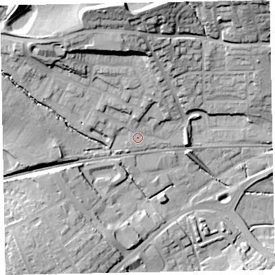 Shaded relief map of the ground around EX48JU, computed from Environment Agency LiDAR. The ground here sits at about 40 m above sea level and falls 37 m across the surrounding 800 m. Surface water reaching this point runs off ground lying to the north, 4.5 m higher.