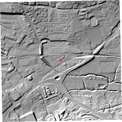 Shaded relief map of the ground around EX48JX, computed from Environment Agency LiDAR. The ground here sits at about 34 m above sea level and falls 36 m across the surrounding 800 m. Surface water reaching this point runs off ground lying to the north-west, 25.9 m higher.