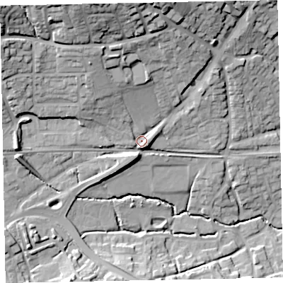 Shaded relief map of the ground around EX48PU, computed from Environment Agency LiDAR. The ground here sits at about 35 m above sea level and falls 39 m across the surrounding 800 m. Surface water reaching this point runs off ground lying to the north-north-west, 27.0 m higher.