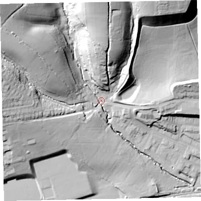 Shaded relief map of the ground around EX48QW, computed from Environment Agency LiDAR. The ground here sits at about 50 m above sea level and falls 56 m across the surrounding 800 m. Surface water reaching this point runs off ground lying to the north-north-east, 45.7 m higher.