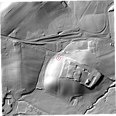 Shaded relief map of the ground around EX51AF, computed from Environment Agency LiDAR. The ground here sits at about 17 m above sea level and falls 23 m across the surrounding 800 m. Surface water reaching this point runs off ground lying to the south-east, 10.0 m higher.