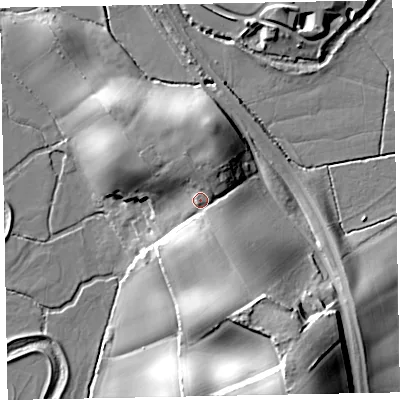 Shaded relief map of the ground around EX51AS, computed from Environment Agency LiDAR. The ground here sits at about 15 m above sea level and falls 29 m across the surrounding 800 m. Surface water reaching this point runs off ground lying to the south-south-east, 10.3 m higher.