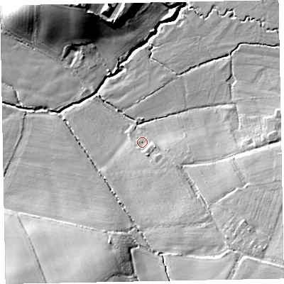 Shaded relief map of the ground around EX51AU, computed from Environment Agency LiDAR. The ground here sits at about 14 m above sea level and falls 21 m across the surrounding 800 m. Surface water reaching this point runs off ground lying to the south-south-east, 3.5 m higher.