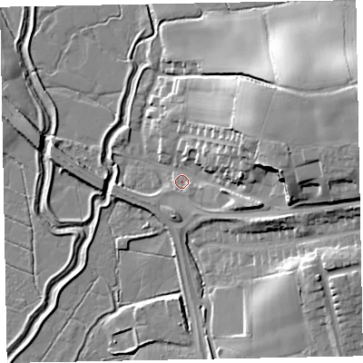 Shaded relief map of the ground around EX51BJ, computed from Environment Agency LiDAR. The ground here sits at about 5 m above sea level and falls 25 m across the surrounding 800 m. Surface water reaching this point runs off ground lying to the east-north-east, 21.6 m higher.