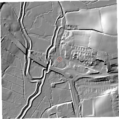 Shaded relief map of the ground around EX51BR, computed from Environment Agency LiDAR. The ground here sits at about 3 m above sea level and falls 25 m across the surrounding 800 m. Surface water reaching this point runs off ground lying to the east-north-east, 23.8 m higher.