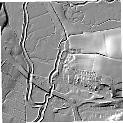 Shaded relief map of the ground around EX51BT, computed from Environment Agency LiDAR. The ground here sits at about 3 m above sea level and falls 25 m across the surrounding 800 m. Surface water reaching this point runs off ground lying to the east-south-east, 23.4 m higher.