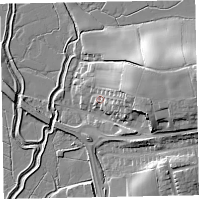 Shaded relief map of the ground around EX51BW, computed from Environment Agency LiDAR. The ground here sits at about 8 m above sea level and falls 26 m across the surrounding 800 m. Surface water reaching this point runs off ground lying to the east, 18.7 m higher.