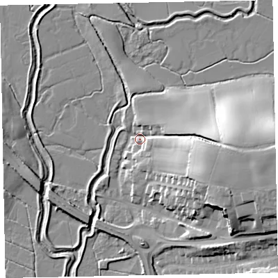 Shaded relief map of the ground around EX51BX, computed from Environment Agency LiDAR. The ground here sits at about 5 m above sea level and falls 25 m across the surrounding 800 m. Surface water reaching this point runs off ground lying to the east-south-east, 23.7 m higher.