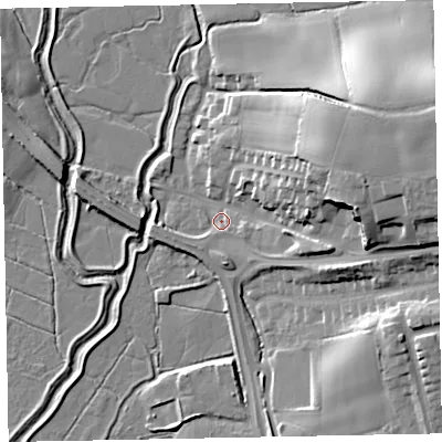 Shaded relief map of the ground around EX51BY, computed from Environment Agency LiDAR. The ground here sits at about 4 m above sea level and falls 25 m across the surrounding 800 m. Surface water reaching this point runs off ground lying to the east-north-east, 23.5 m higher.