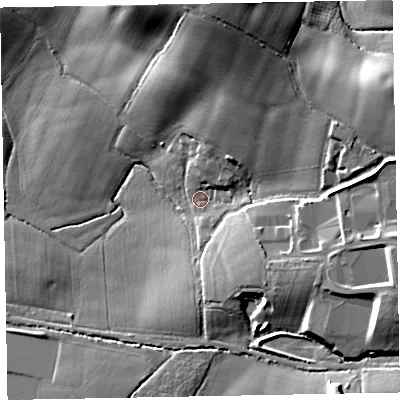 Shaded relief map of the ground around EX51DP, computed from Environment Agency LiDAR. The ground here sits at about 24 m above sea level and falls 23 m across the surrounding 800 m. Surface water reaching this point runs off ground lying to the north, 17.0 m higher.