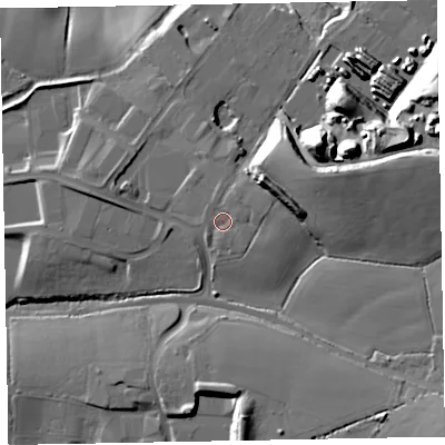 Shaded relief map of the ground around EX51DR, computed from Environment Agency LiDAR. The ground here sits at about 39 m above sea level and falls 31 m across the surrounding 800 m. Surface water reaching this point runs off ground lying to the east-north-east, 3.1 m higher.