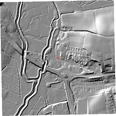Shaded relief map of the ground around EX51FJ, computed from Environment Agency LiDAR. The ground here sits at about 3 m above sea level and falls 25 m across the surrounding 800 m. Surface water reaching this point runs off ground lying to the east, 24.1 m higher.