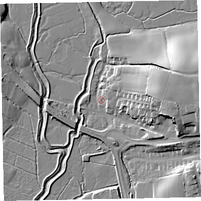 Shaded relief map of the ground around EX51FX, computed from Environment Agency LiDAR. The ground here sits at about 4 m above sea level and falls 25 m across the surrounding 800 m. Surface water reaching this point runs off ground lying to the east, 24.1 m higher.