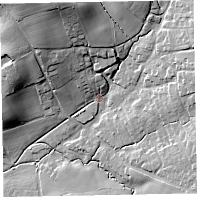 Shaded relief map of the ground around EX51HN, computed from Environment Agency LiDAR. The ground here sits at about 45 m above sea level and falls 42 m across the surrounding 800 m. Surface water reaching this point runs off ground lying to the north-north-west, 32.1 m higher.