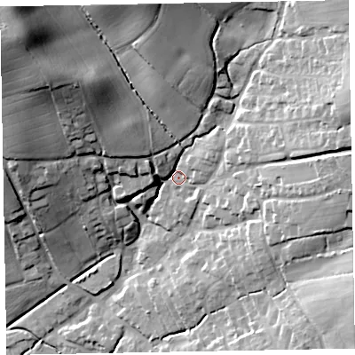 Shaded relief map of the ground around EX51HT, computed from Environment Agency LiDAR. The ground here sits at about 48 m above sea level and falls 46 m across the surrounding 800 m. Surface water reaching this point runs off ground lying to the north-west, 35.0 m higher.