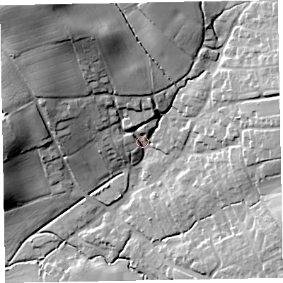 Shaded relief map of the ground around EX51HW, computed from Environment Agency LiDAR. The ground here sits at about 46 m above sea level and falls 47 m across the surrounding 800 m. Surface water reaching this point runs off ground lying to the north-north-west, 32.1 m higher.