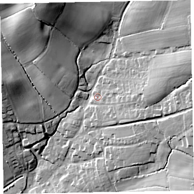 Shaded relief map of the ground around EX51HY, computed from Environment Agency LiDAR. The ground here sits at about 57 m above sea level and falls 48 m across the surrounding 800 m. Surface water reaching this point runs off ground lying to the east-north-east, 19.3 m higher.