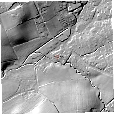 Shaded relief map of the ground around EX51JN, computed from Environment Agency LiDAR. The ground here sits at about 41 m above sea level and falls 32 m across the surrounding 800 m. Surface water reaching this point runs off ground lying to the east-north-east, 3.0 m higher.