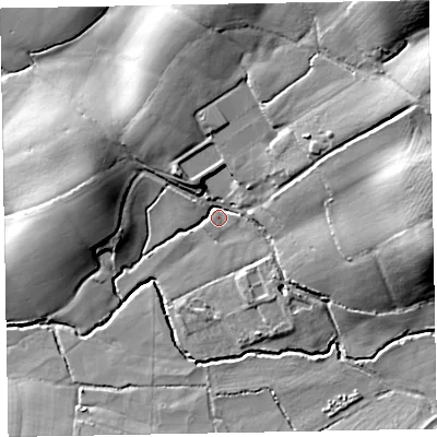 Shaded relief map of the ground around EX51LB, computed from Environment Agency LiDAR. The ground here sits at about 27 m above sea level and falls 37 m across the surrounding 800 m. Surface water reaching this point runs off ground lying to the east, 24.4 m higher.