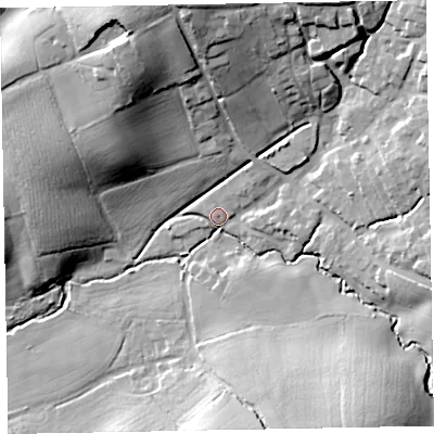 Shaded relief map of the ground around EX51LG, computed from Environment Agency LiDAR. The ground here sits at about 39 m above sea level and falls 35 m across the surrounding 800 m. Surface water reaching this point runs off ground lying to the north, 28.5 m higher.
