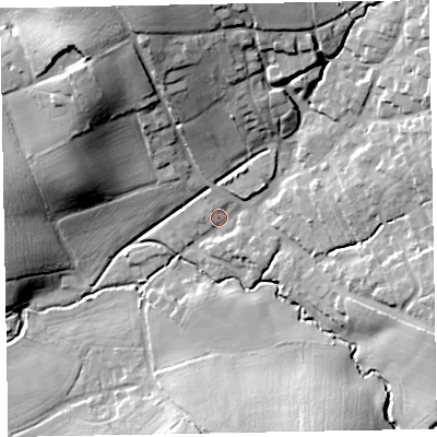Shaded relief map of the ground around EX51LH, computed from Environment Agency LiDAR. The ground here sits at about 40 m above sea level and falls 36 m across the surrounding 800 m. Surface water reaching this point runs off ground lying to the north-north-west, 27.9 m higher.