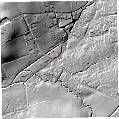 Shaded relief map of the ground around EX51LL, computed from Environment Agency LiDAR. The ground here sits at about 42 m above sea level and falls 34 m across the surrounding 800 m. Surface water reaching this point runs off ground lying to the north-north-west, 26.6 m higher.