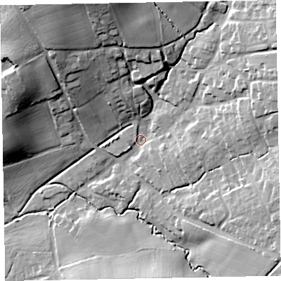 Shaded relief map of the ground around EX51LN, computed from Environment Agency LiDAR. The ground here sits at about 43 m above sea level and falls 37 m across the surrounding 800 m. Surface water reaching this point runs off ground lying to the north-west, 27.4 m higher.