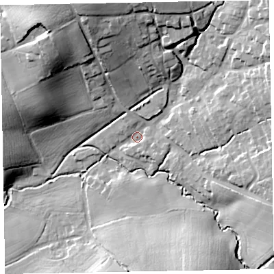 Shaded relief map of the ground around EX51LQ, computed from Environment Agency LiDAR. The ground here sits at about 40 m above sea level and falls 35 m across the surrounding 800 m. Surface water reaching this point runs off ground lying to the north-north-west, 27.2 m higher.