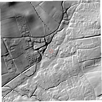 Shaded relief map of the ground around EX51LZ, computed from Environment Agency LiDAR. The ground here sits at about 49 m above sea level and falls 47 m across the surrounding 800 m. Surface water reaching this point runs off ground lying to the east-north-east, 2.1 m higher.