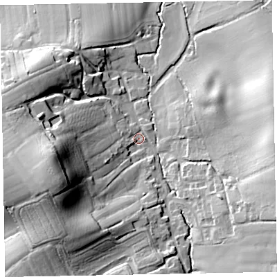 Shaded relief map of the ground around EX51PG, computed from Environment Agency LiDAR. The ground here sits at about 53 m above sea level and falls 37 m across the surrounding 800 m. Surface water reaching this point runs off ground lying to the west-south-west, 29.5 m higher.