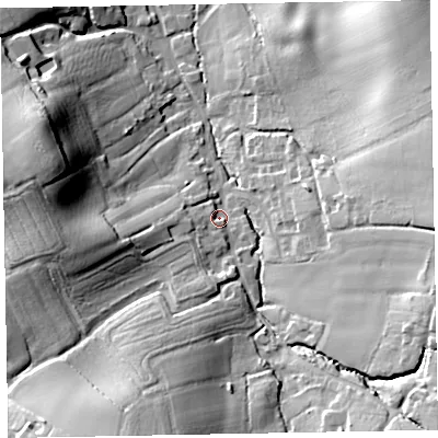 Shaded relief map of the ground around EX51PR, computed from Environment Agency LiDAR. The ground here sits at about 57 m above sea level and falls 32 m across the surrounding 800 m. Surface water reaching this point runs off ground lying to the west, 24.4 m higher.